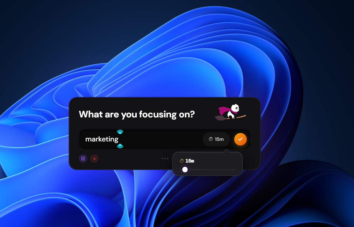 Taspal session setup window - Set team focus time, session topic, and select your focus duration